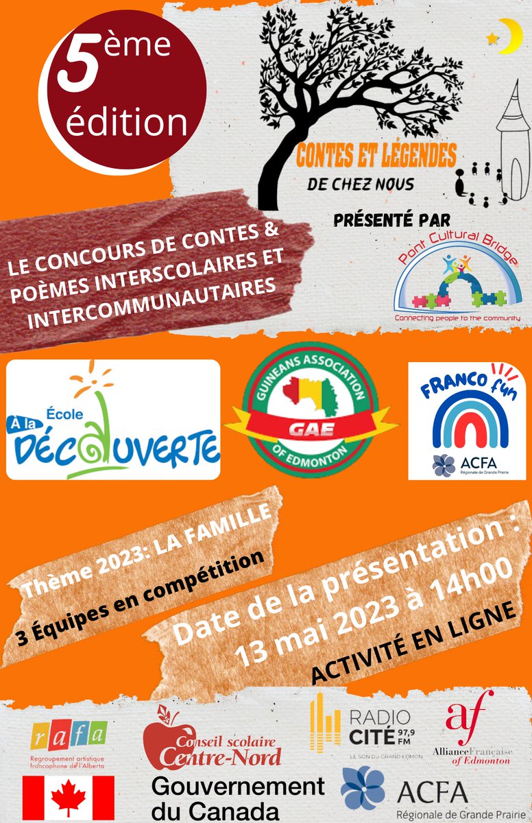 Le Pont Cultural Bridge presents the 5e édition of the contest « Les contes et   légendes de chez nous » with the theme : la famille. 
 
🗓️ 13 mai/may 2023 à 14 h 00 (MST)
📍En ligne / online 👉 facebook.com/PontCulturalBr…
 
#FrenchDays #français #frab #contes #yeg #francoab #légende