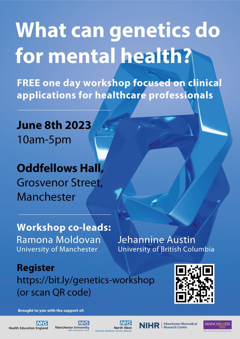 What can #Genetics do for #MentalHealth? Workshop for healthcare providers #GeneChat 

Grateful for the support from <a href="/nwgmsa/">NWGMSA</a> <a href="/MFTnhs/">MFT NHS</a> <a href="/mft_iMRare/">Manchester Rare Conditions Centre</a> <a href="/ManchesterBRC/">NIHR Manchester Biomedical Research Centre</a> <a href="/EGS_UoM/">Evolution, Infection and Genomics (EIG) UoM</a> <a href="/OfficialUoM/">The University of Manchester</a> and @J9_Austin