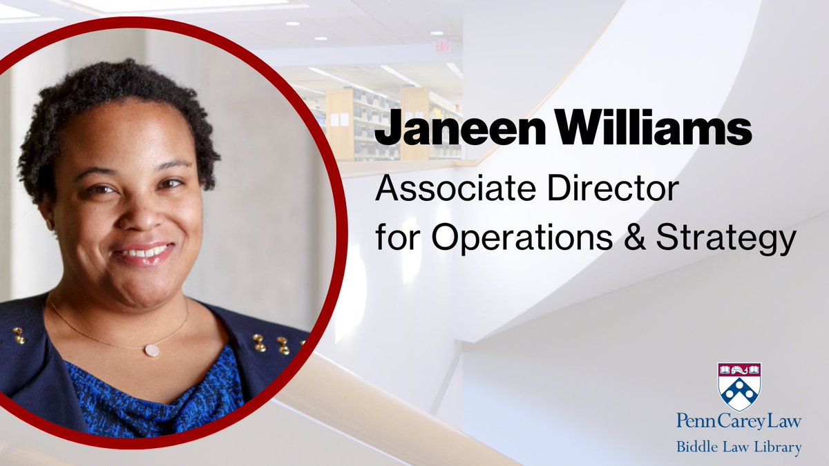 biddlelibrary's tweet photo. Meet Janeen Williams, Biddle's new Associate Director for Operation &amp; Strategy! 
🔗 https://t.co/U6MKOsgvxW 
#penncareylaw #pennlaw #careylaw #lawlibraries https://t.co/1XFSMudFC0