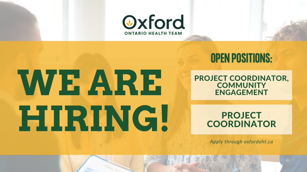 The Oxford OHT is hiring! We are seeking a Project Coordinator and a Community Engagement Project Coordinator. Learn more and apply at oxfordoht.ca/join-us/

#Hiring #OHTs #OntarioHealthTeam #HealthcareHiring