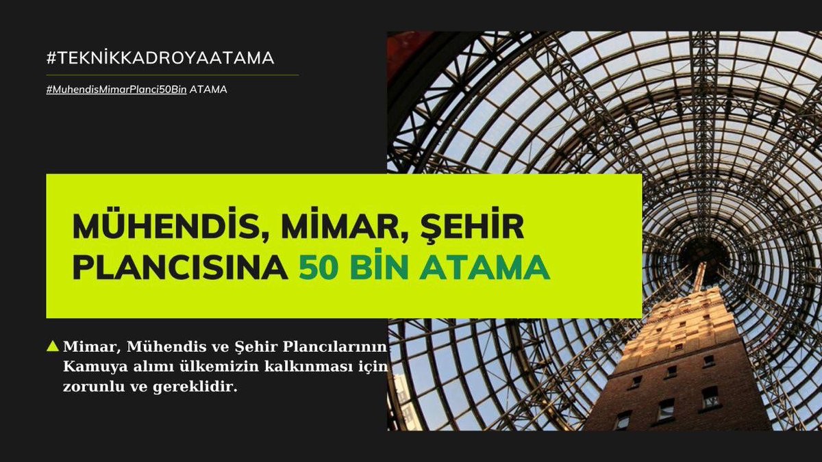 İhtiyacın fazla olduğunu bilinmesine rağmen binlerce mühendis ve mimar işsizliğe mahkum edilmiştir. Çağrımıza ses verin <a href="/RTErdogan/">Recep Tayyip Erdoğan</a> <a href="/fuatoktay/">Fuat Oktay</a> <a href="/akaraismailoglu/">Adil Karaismailoğlu</a> <a href="/UABakanligi/">T.C. Ulaştırma ve Altyapı Bakanlığı</a> <a href="/csbgovtr/">T.C. Çevre, Şehircilik ve İklim Dğş. Bakanlığı</a> <a href="/murat_kurum/">Murat KURUM</a> <a href="/VahitKirisci/">Prof.Dr.Vahit Kirişci</a> @FOXhaber  
 #TeknikKadroyaAtama
