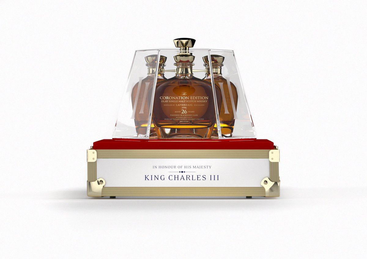 PocketRocketLtd's tweet photo. Our brief: create a whisky presentation fit for a king.
Our response: three decanters representing the three Kings named Charles, each containing the current King’s favoured spirit, Laphroaig. #design #smsw #Coronation #whisky #ScotchWhisky #packaging https://t.co/eOHuDYXJqh