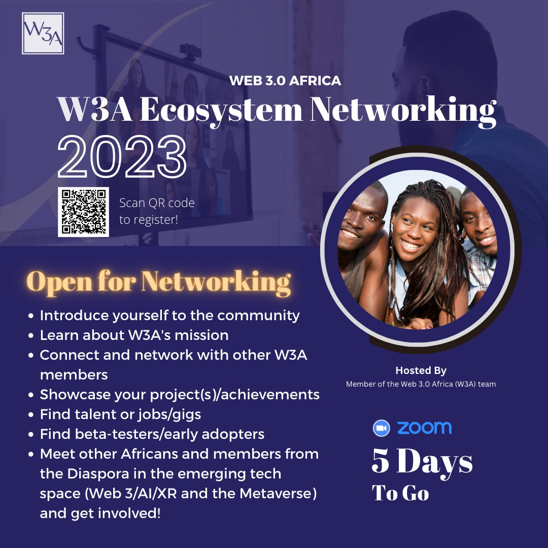 📣 5 Days to go before our #EmergingTech #Networking #Event to #showcase projects, find #talent #gigs, find #partners #betatesters #earlyadopters and meet others in #Web3 #AI #XR and #theMetaverse. Scan to register or visit geni.us/Web3Africa #W3A #Africantech #innovation