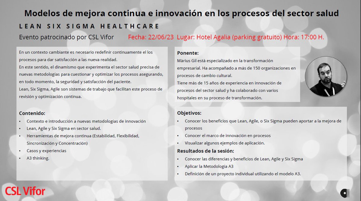 Somufarh's tweet photo. Modelos de mejora continua e innovación en los procesos del sector salud con Màrius Gil @MGMMarius patrocinado por @CSLViforES 
22 de junio a las 17:00h Hotel Agalia Murcia.
@Murciasalud @sefh_ @SVFH_ https://t.co/9lhELzK5eO