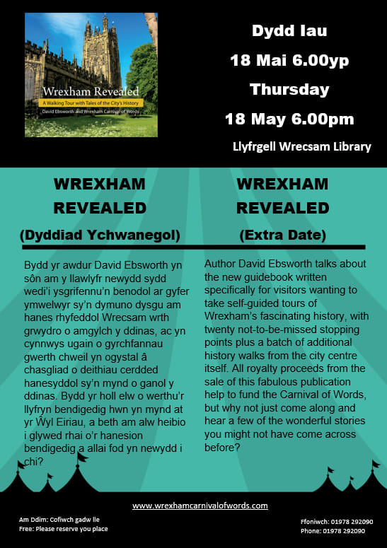 WrexCarnival's tweet photo. Author @EbsworthDavid talks about the new book specifically for visitors wanting to take self-guided tours of #Wrexham's fascinating history.
This event is free but booking a place with #WrexhamLibrary is essential. 01978 292090
Thursday 18th May, 6pm @WxmLibraries https://t.co/x78YrGwYy9