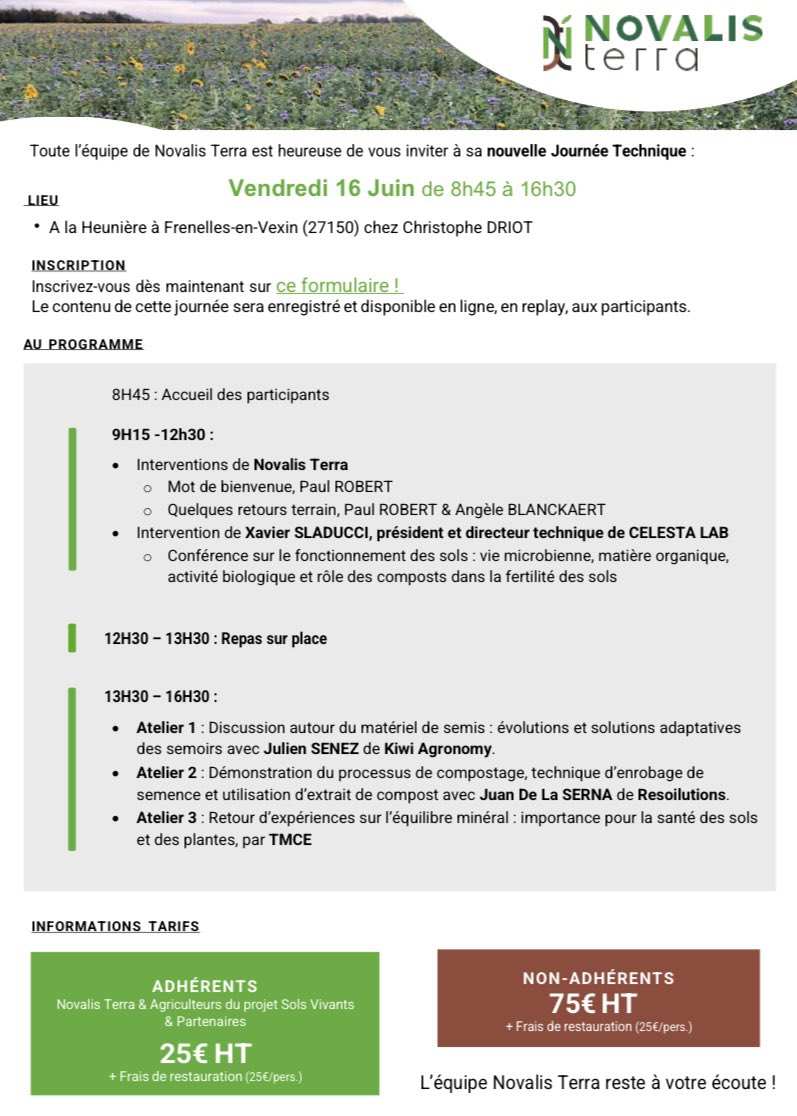 🔜Retrouvez-nous le vendredi 16 juin pour la journée technique Novalis Terra ! 
Notre équipe, Xavier SLADUCCI, Julien SENEZ,Juan de la SERNA ainsi que TMCE, seront ravis d'animer les différents ateliers et d'échanger avec vous. 
Inscription : docs.google.com/forms/d/e/1FAI…