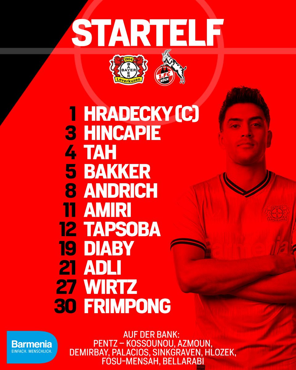 bayer04fussball's tweet photo. Unsere Startelf für das #Derby!
🔜 #B04KOE | #Bayer04 | #Werkself https://t.co/kb4mrfVLdH