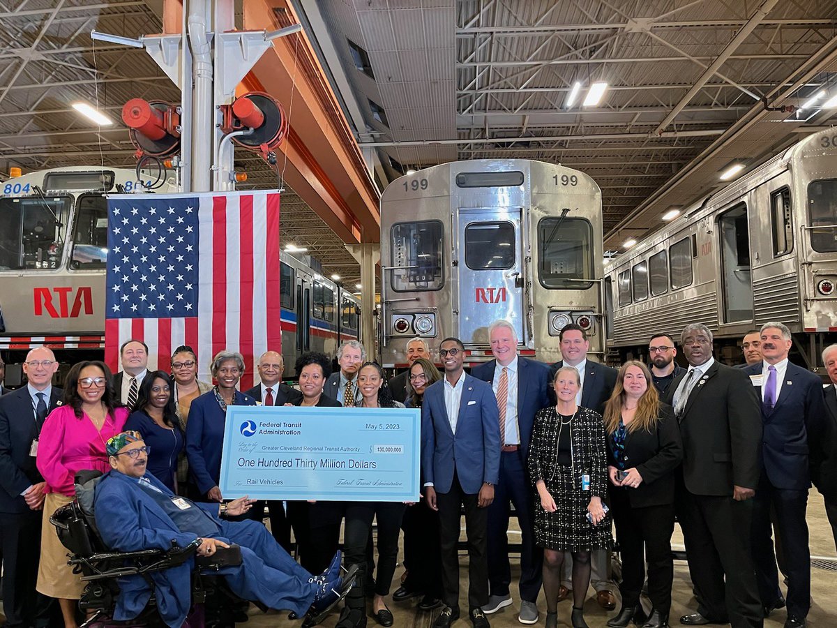 CLEMayorsOffice's tweet photo. Cleveland is getting back on track with a major funding boost announced today awarding @GCRTA $130 million for 60 new rail cars. This is a big deal for our public transit network. Thank you @FTA_DOT! https://t.co/gEiyIgHziB
