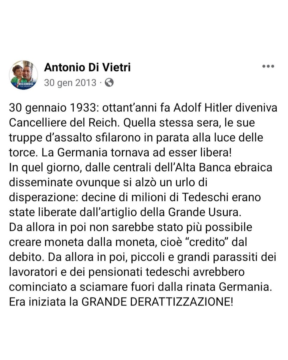 AUniversale's tweet photo. "Sono naz*sta, gli immigrati nei forni crematori”. 
“Con Hit*er, la Germania tornava libera. Iniziava la grande derattizzazione”. 

Antonio Di Vietri, coordinatore di Fratelli d'Italia a Lavello e candidato consigliere nella lista che sostiene Pasquale Carnevale (Fratelli d'Italia) come sindaco alle elezioni comunali del 14 e 15 maggio.

Ehi, @GiorgiaMeloni, la riconosci la matrice? Cosa ne pensi?