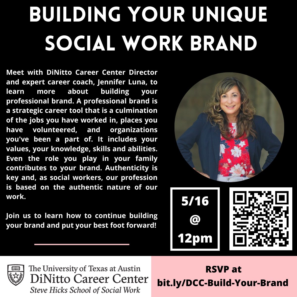 DiNittoCenter's tweet photo. Join us virtually on Tuesday, 5/16, and meet with DiNitto Career Center Director and expert career coach, Jennifer Luna, to learn more about building your professional brand. RSVP at https://t.co/8Un36024rI https://t.co/tTqqqzxHbK