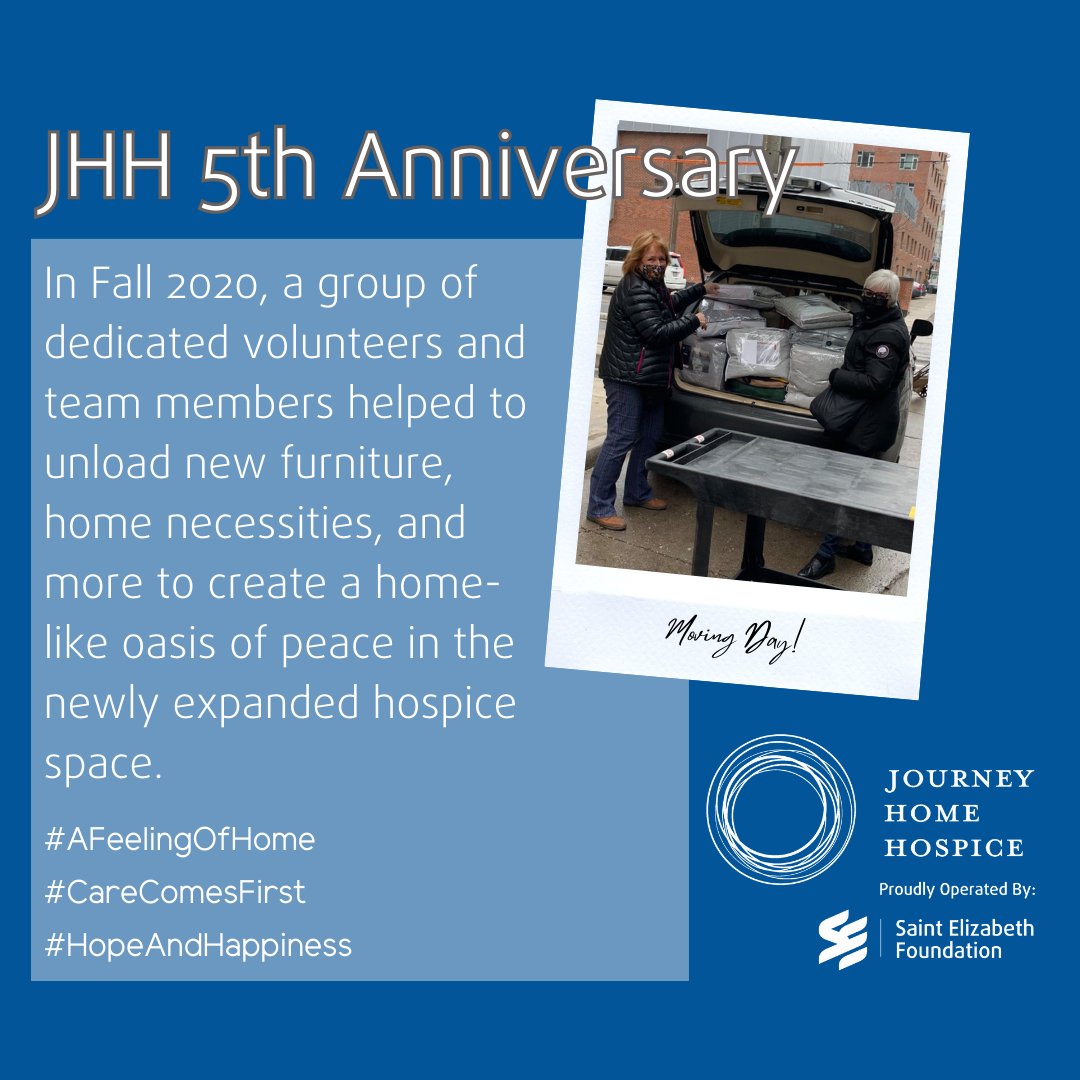 JHHospice's tweet photo. A walk down memory lane...
Fall 2020 - Making JHH a Home: @StElizFdn #volunteers & team members unload new furniture & home necessities to create a home-like oasis of peace in our 10-bed permanent home.
#CareComesFirst #AFeelingOfHome #WhereWeStarted #MemoryLane #5thAnniversary https://t.co/Ms89SAlNtI