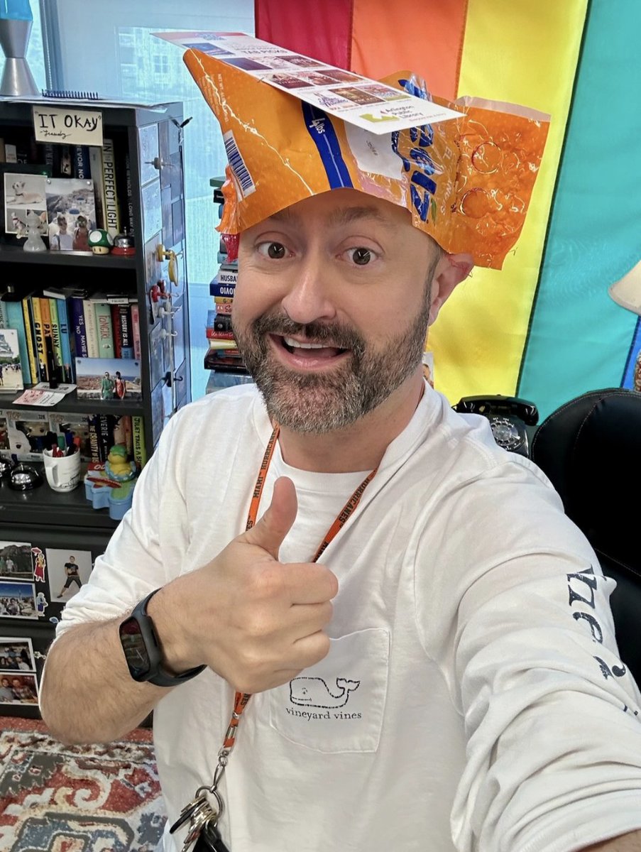 Hbwlibrary's tweet image. And ALWAYS there with #loveHB school spirit (and navel orange bag netting) is Travis! @HBWProgram Winner in the category: "Tragic!"