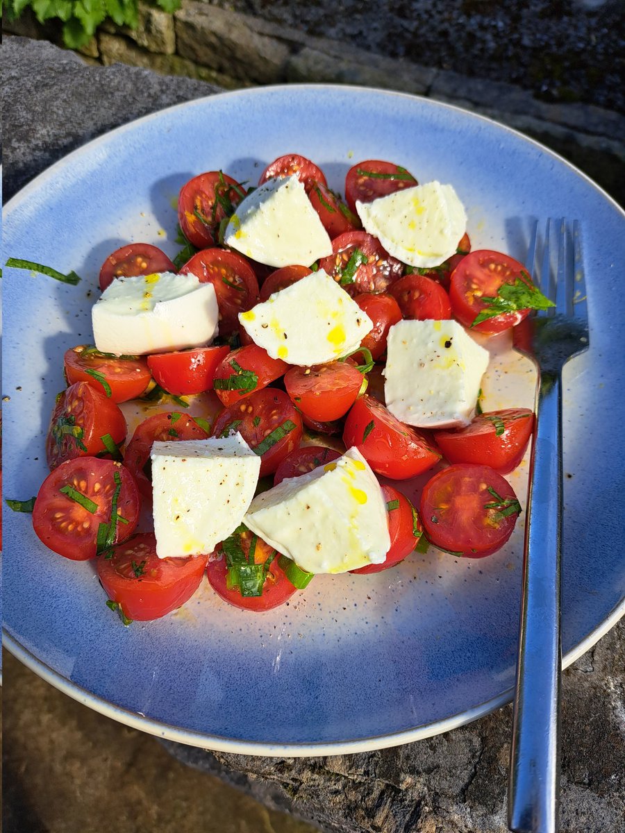 The Irish summer begins: Irish tomatoes <a href="/dunnesstores/">Dunnes Stores</a>, Irish buffalo mozzarella <a href="/macroombuffalo/">Macroom Buffalo</a>, lovage from the garden, <a href="/NewgrangeGold/">Newgrange Gold</a> cold pressed rapeseed oil, <a href="/achillseasalt/">AchillIslandSeaSalt</a>, and a hint of lemon #homecooking