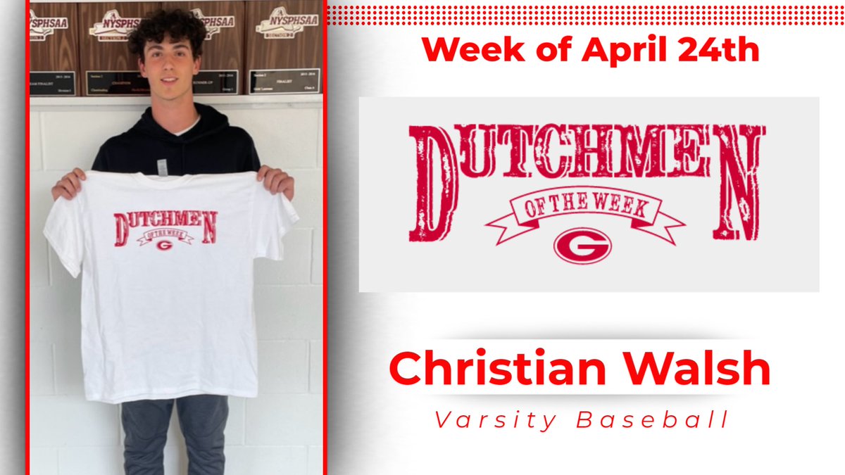 Congrats to Christian Walsh, our DOW for week of 4/24. Christian has had two outstanding back to back outings on the mound. On 4/24, he pitched a complete game shutout over Shen surrendering 3 hits with 6 K’s. On 5/2, he pitched another complete game shutout over Averill Park!