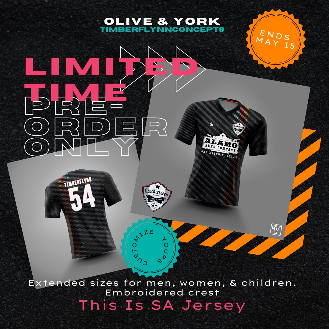 Crocketteers's tweet photo. ONLY available through pre-order--ends 5/15. Don't be sad and order yours NOW. Extended sizes for men, women (slim cut), and children. Customize with a name & number $5. Shipped to your door. @olive_york @TFConcepts_ @AlamoBeerCo @sanantoniofc #ThisIsSA https://t.co/wrFguMMgT4 https://t.co/3L62OjNewI