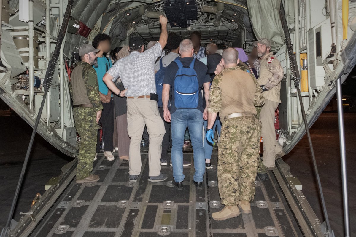 RCAFOperations's tweet photo. #RCAF aircrew and members of the Combined Aerospace Operations Centre worked diligently to support #OpSAVANNE. Two @RCAF_ARC CC130J Hercules✈️ assisted with the evacuation of 🇨🇦 and foreign national eligible personnel from Sudan in support of @CanadaFP. https://t.co/gdabIr6tLp