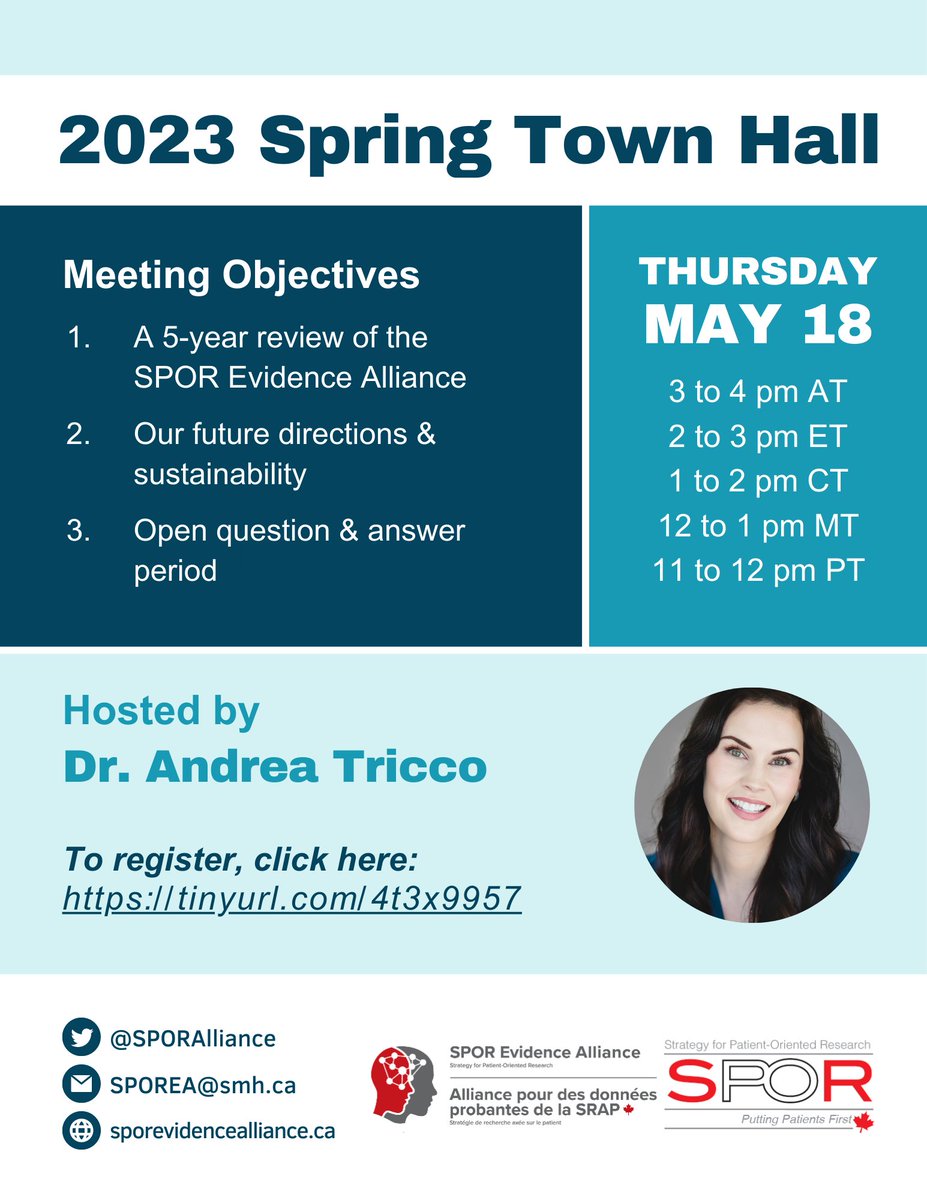 Registration open now - The SPOR Evidence Alliance invites you to their 2023 Spring Town Hall Meeting! 

Date: Thursday, May 18th, 2023
Time: 2:00 PM – 3:00 PM EDT
Location: Zoom
Registration link: tinyurl.com/4t3x9957