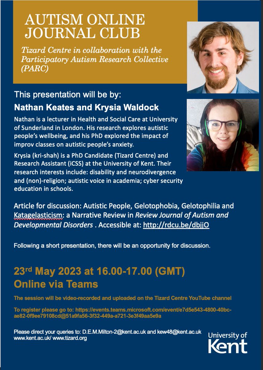 The #PARC online #Autism journal club is back! 📢📢<a href="/milton_damian/">Damian Milton</a>

First session of the year will be <a href="/krysiawally/">Dr Krysia Waldock @krysiawally@bsky.social</a> and I  sharing our recent paper on autistic people and laughter. 

Further info below 👇 including paper and sign up /1/