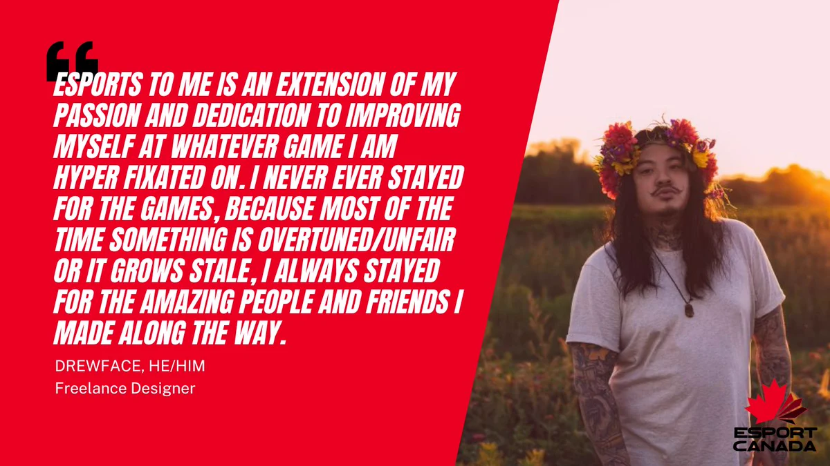 This graphic is split in half with the right side being a photo of Drewface who is wearing a white t-shirt in a field of flower with long hair and a flower crown and the left side is a quote from Drewface. 