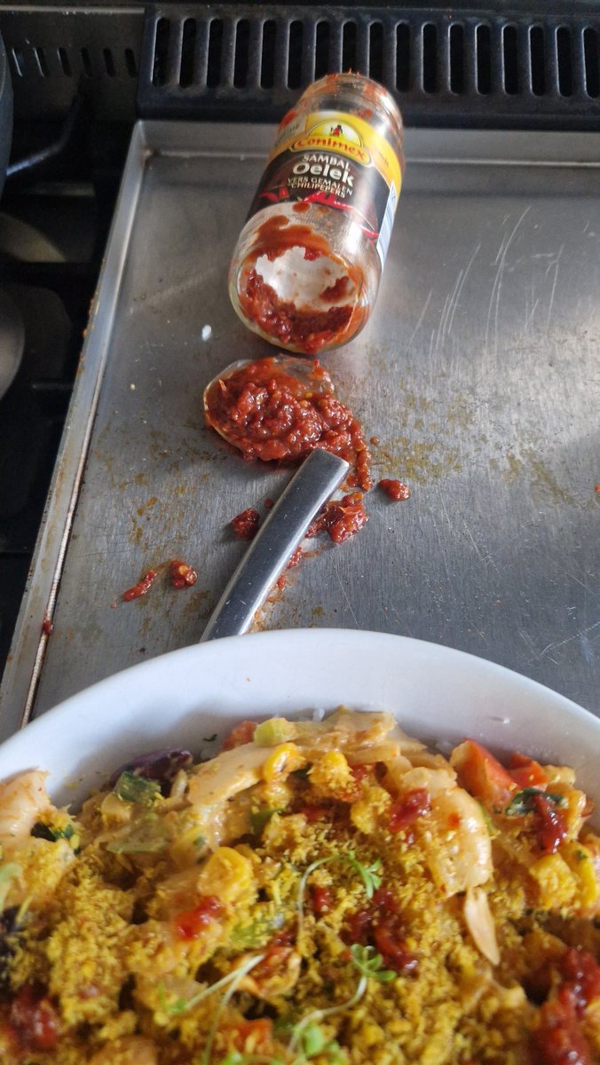 ThomasRt1's tweet photo. Oi...helemaal klaar voor een heerlijke curry die ik net heb gemaakt, nog even wat sambal uit de pot halen....breekt de onderkant af. Glasscherven door mijn eten en net terug van vakantie, dus niets meer in huis #teruginnederland. Misschien nog even een @Conimex_NL lief aankijken https://t.co/LKqMqMZCAq