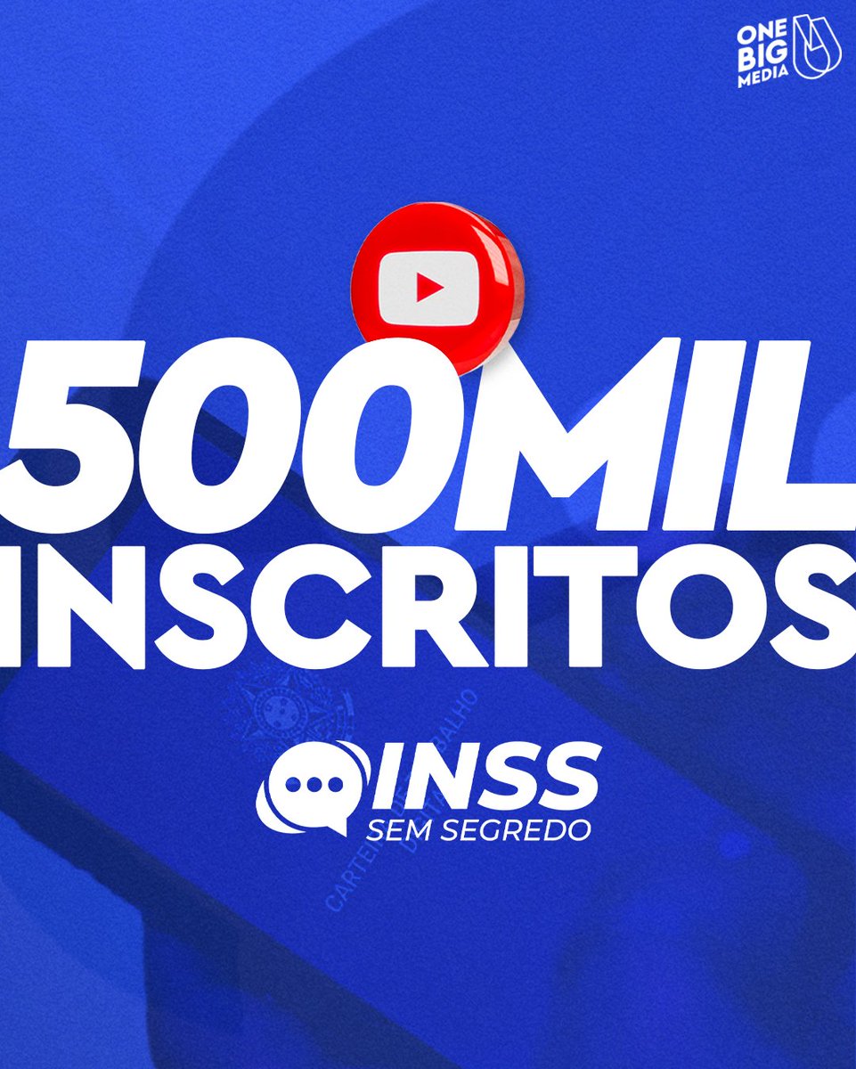1BigMediaGroup's tweet photo. Temos uma excelente notícia 💜

O nosso canal parceiro INSS Sem Segredo bateu 500 mil inscritos! 

O canal INSS Sem segredo dá dicas e tira as dúvidas da população sobre o famoso INSS. 

Aproveita pra se inscrever e tirar todas as duas dúvidas 🚀 https://t.co/jefsVimEko