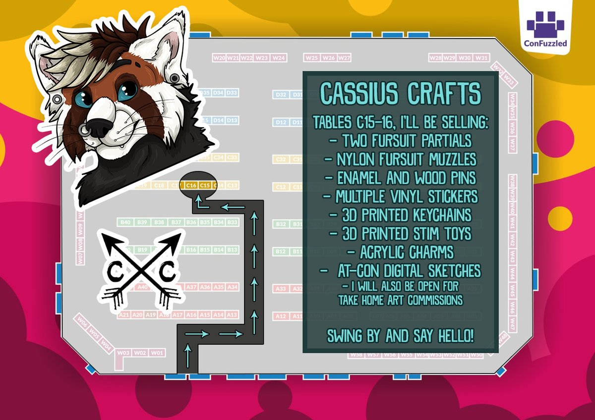 CassiusRed's tweet photo. With the Den map publish I've made a little infograph for how to reach my table and what I'll have for sale! Come find me at Tables C15/C16
@cfconvention @CFzDealers https://t.co/BVjp3Y4ufh