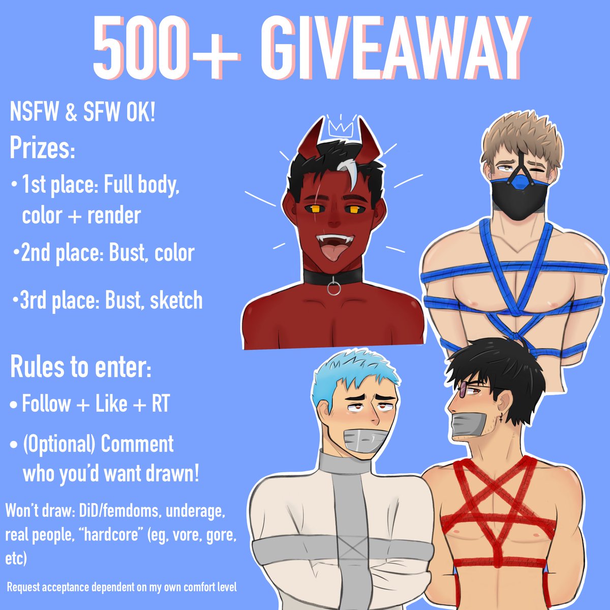 Celebrating over 500+ followers with a giveaway! 

To enter, Like + RT + Follow 
Feel free to reply with what character you’d want drawn! 
Winners will be selected May 12th