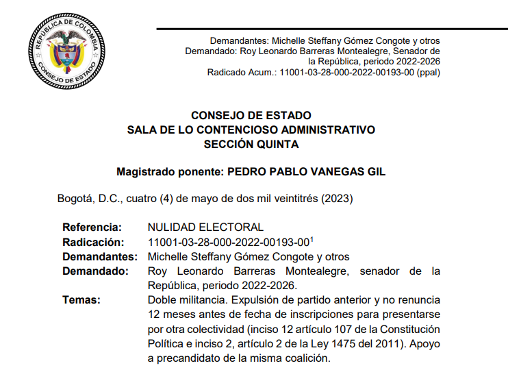 lagosest's tweet photo. 1/11🧵 Un resumen de la decisión del Consejo de Estado de #Colombia que anuló la elección de @RoyBarreras como senador debido a doble militancia. ⚖️🇨🇴 https://t.co/Y3zYJninVj
