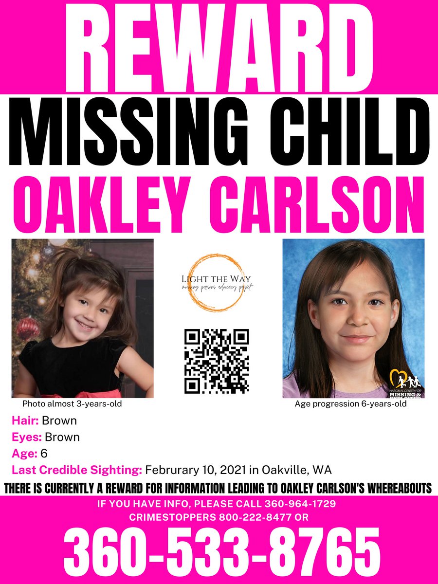 Please #SHARE this updated flyer for #OakleyCarlson #missing since Feb 10, 2021 from Oakville, #Washington. The new flyer includes an age progression pic of what Oakley would look like now at 6-years-old. There is an $84,000+ #reward for information leading to her whereabouts.
