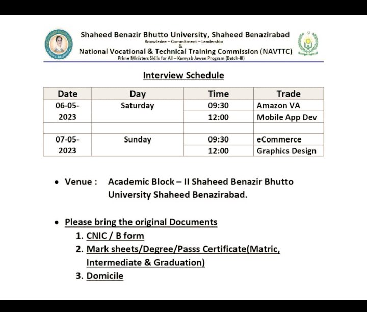 sbbuwebstudio's tweet photo. Interview Schedule NAVTTC B-IV (Batch 4).

#SBBUWebStudio #sbbuwebstudio #navttcbatch4 #navttc #NAVTTC #navttccourse #navttcinterviewsbatch4 #navttcbatchfour #navttcinterviews #Batch2023 #sbbunavttcinterviews #sbbusbanavttcinterviews #navttcsbbusba #navtttcsbbuwebstudio https://t.co/HexyvUPI11
