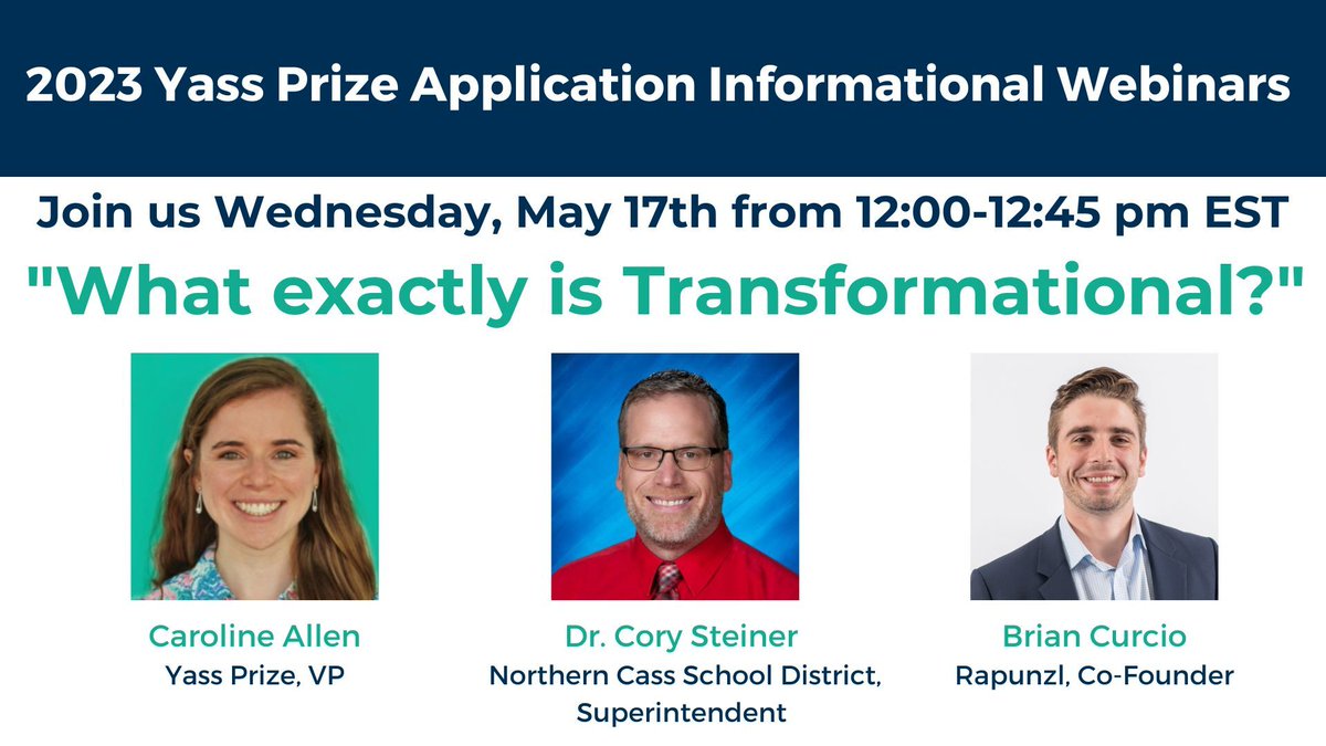 edreform's tweet photo. What exactly is Transformation? Join The @YassPrize VP @CarolineGAllen1 and guests @CorySteiner10 of @NCSD97 and @bcursive of @Rapunzl_Invest for our next webinar and hear from these #YassPrize Alumni. #TransformationalEducation #education
Register at https://t.co/9h2ZxJgW6d https://t.co/j9Ze1L7gEX