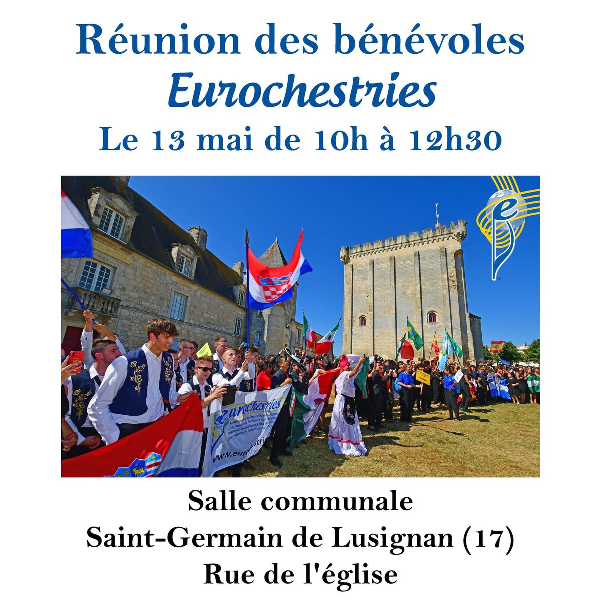 Vous souhaitez apporter votre aide pendant le festival ? Ne manquez pas la première réunion des bénévoles samedi 13 mai à partir de 10h ! 🤝

Contactez-nous au 05 46 48 25 30 ou par mail à l'adresse eurochestries.17@orange.fr pour nous faire part de votre présence 😊