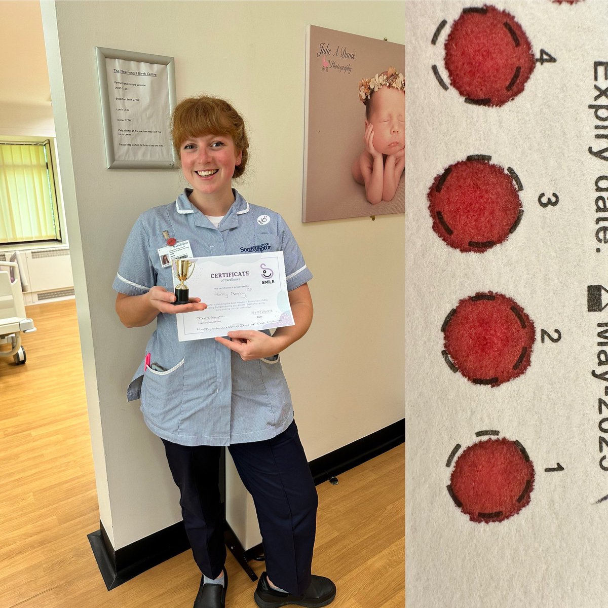 A huge congratulations to 1st year student midwife Holly, who bagged herself the Proud Peacock Award for this placement for the best NBS sample. As you can see Holly set high standards for the week.  Well done Holly, and on the International Day of the Midwife too!