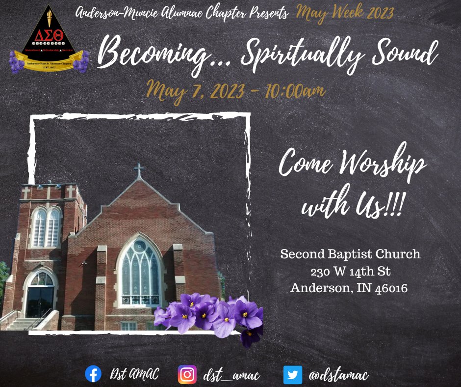 dstamac's tweet photo. May Week 2023
We'll be worshiping with Second Baptist Church in Anderson, IN on Sunday, May 7, 2023. Meet us there at 10:00am!
Second Baptist Church
230 W 14th Street
Anderson, IN 46016
#DeltaSigmaTheta
#DSTAMAC
#MayWeek2023 https://t.co/hztYNhWRYv