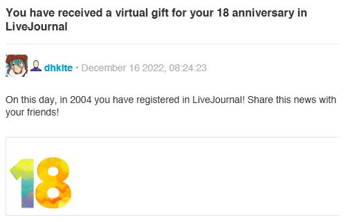 dhkite's tweet image. Today, I clicked on a contact link which opened my hotmail-connected Mail program on the PC (that I never use with an email address I don't use anymore), and now I feel extra old😓
At least my #livejournal account has reached the legal age for many things now!