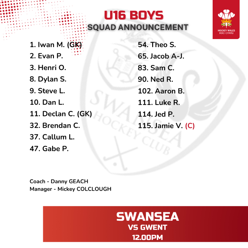 🚨 National Finals - Squad Announcement 🏑🏆

🏑U16 Boys
⏰ 12.00

<a href="/GwentHockeyClub/">Gwent Hockey Club</a>  VS  <a href="/SwanseaHC/">Swansea Hockey Club</a>

Good luck to both teams 🍀

#NationalFinals