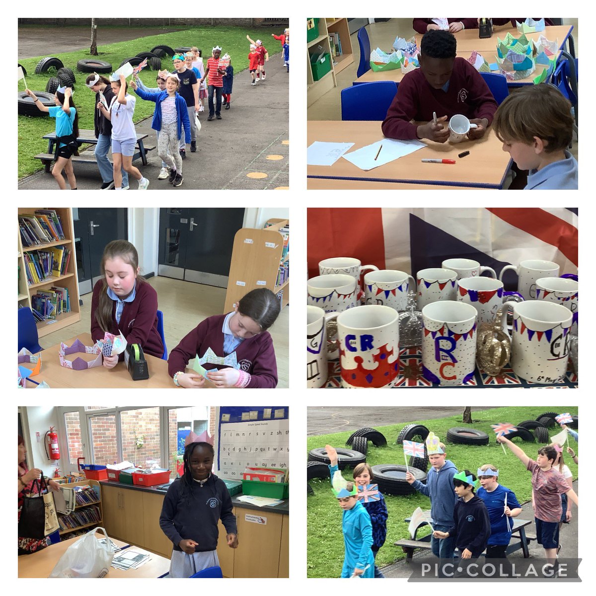 CharlesPrimary6's tweet photo. Year 6 had lots of fun making origami crowns and painting souvenir mugs. They had a picnic style lunch and a parade around the schools grounds to mark the forthcoming coronation of Charles lll and his wife Camilla. 🇬🇧🇬🇧🇬🇧@Coronation2023 @RoyalFamily https://t.co/sUapQ9UssB