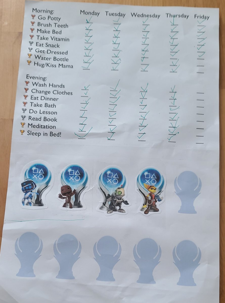 I've gamified my boy's daily routine. 😆 He gets a plat every day that he does all of the stuff on his checklist. 10 plats gets him a surprise gift (usually a game.)