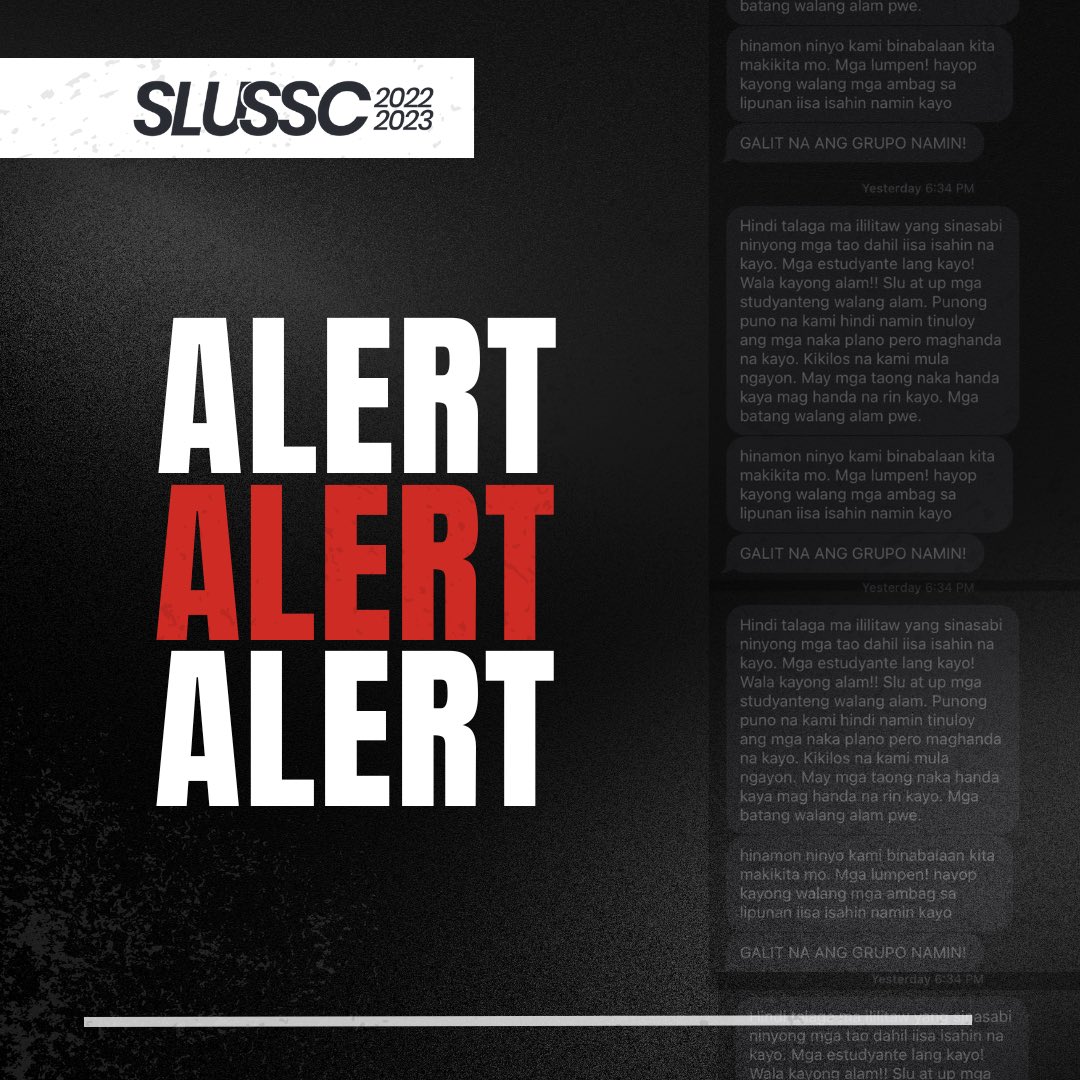 OfficialSLUSSC's tweet photo. [TW: banta at karahasan]

Habang patuloy ang kolektibong panawagan para sa ligtas at makataong paglitaw kanila Bazoo at Manong Dexter, nakatanggap ng tahasang banta sa seguridad ng mga estudyante ng SLU at UPB ang kasalukuyang SLU KASAMA/SSC President. https://t.co/TnSBoRfb8f