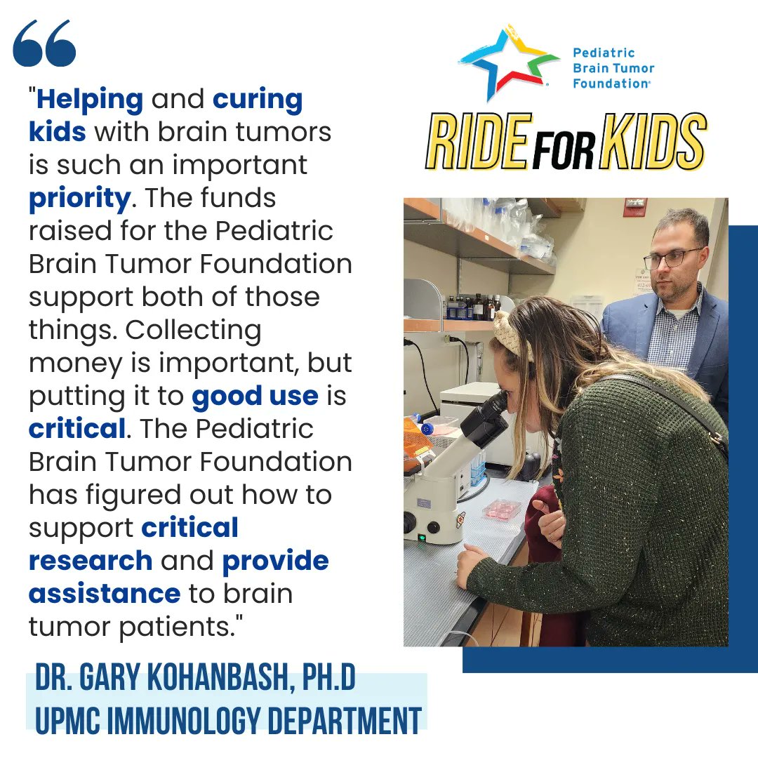 #RideforKids fundraisers are critical to funding the work of researchers like <a href="/ChildrensPgh/">UPMC Children's Hospital of Pittsburgh</a>'s Dr. Gary Kohanbash, who enjoys participating in our Western Pennsylvania ride each year. Visit buff.ly/41RxZys to find out how you can support <a href="/PBTF/">Pediatric Brain Tumor Foundation</a>'s mission today.