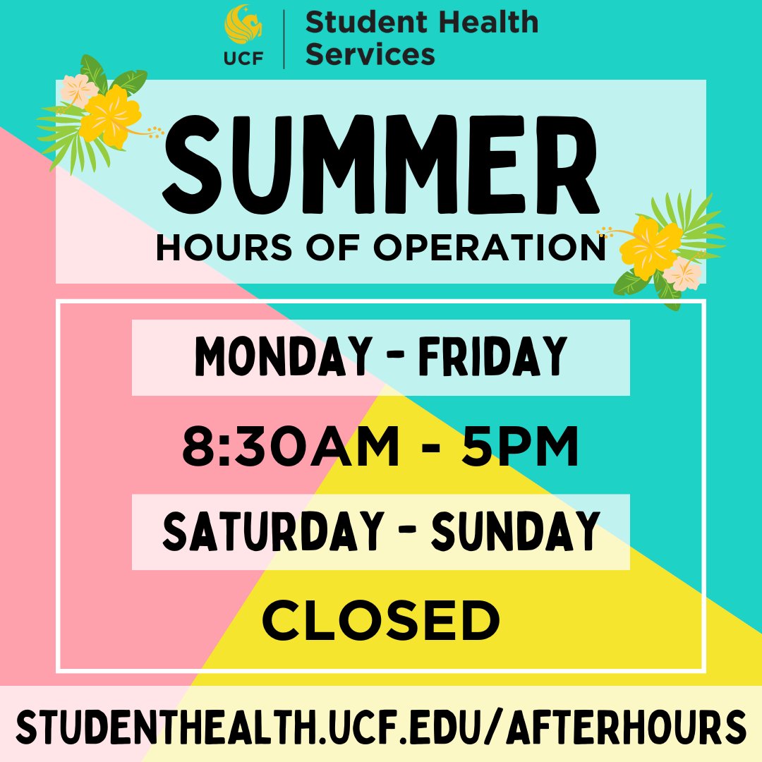 Our summer hours start tomorrow! We’ll be closed on Saturdays over the summer, and the Health Center and Pharmacy will be open until 5pm on weekdays.

For a list of after-hours care resources, visit StudentHealth.ucf.edu/afterhours.