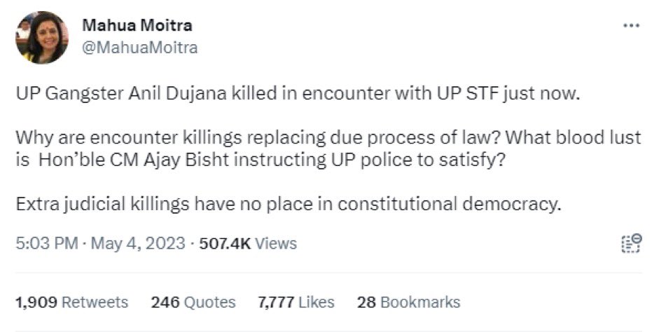 priyarajputlive's tweet photo. अनिल दुजाना के एनकाउंटर पर सांसद महुआ मोइत्रा ने उठाए सवाल, 'कानूनी कार्रवाई के बजाए मुठभेड़ के दौरान हुई हत्याएं जगह क्यों ले रहीं' https://t.co/ypGESpNWpu