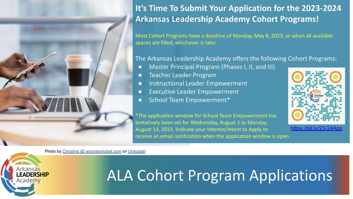 REMINDER: The application deadline for Arkansas Leadership Academy (ALA) 2023-2024 Cohort Programs is approaching!! Educators can apply online at 

bit.ly/23-24App

Don't wait!!! Most of our programs have a deadline of Monday, May 8!