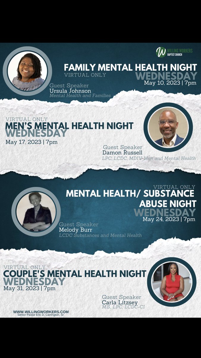 Willing_Workers's tweet photo. In honor of Mental Health we will be having virtual sessions for Mental Health the Month of May. Each Wednesday we will have guest speakers from 7pm - 8pm join us on Zoom for our Mental Health sessions. For more info go to https://t.co/CpfMVVNNN2 and click the link to join in. https://t.co/pVToI2dF7b