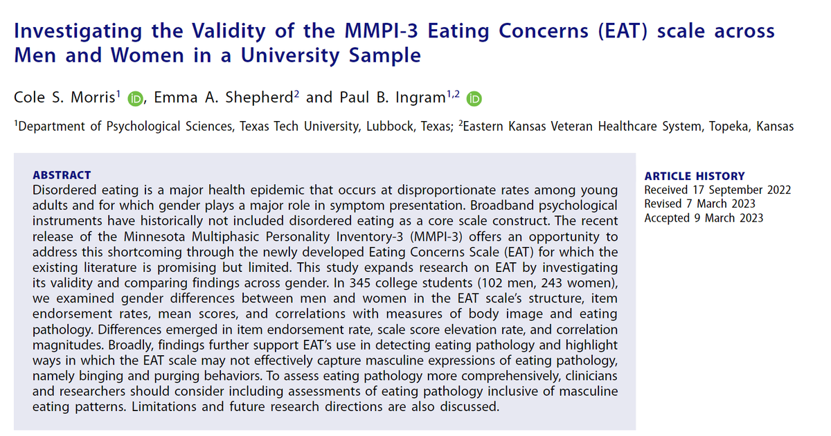 ColeMorris_'s tweet photo. First pub with my chosen name. 🥳
We looked at how the EAT scale on the MMPI-3 assessed eating concerns across men and women since eating pathology has some unique manifestations across gender. https://t.co/d5gFx9FsCl