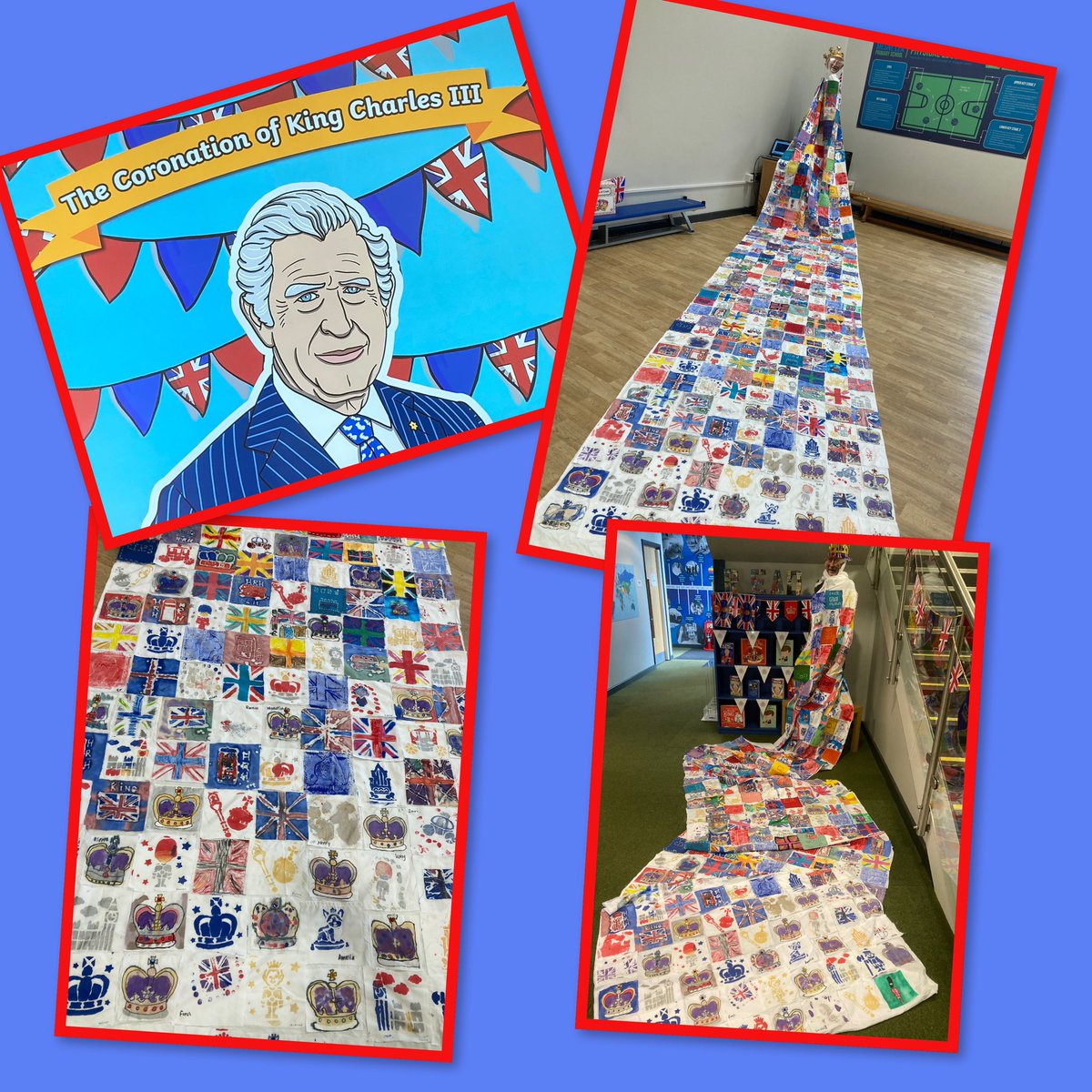 Today 431 children came together to celebrate the Coronation of King Charles III. Over the past week each child has contributed towards our Coronation Robe by painting, sewing or batiking a royal image. It looks amazing and is on display in our foyer <a href="/mesne_lea/">Mesne Lea</a>