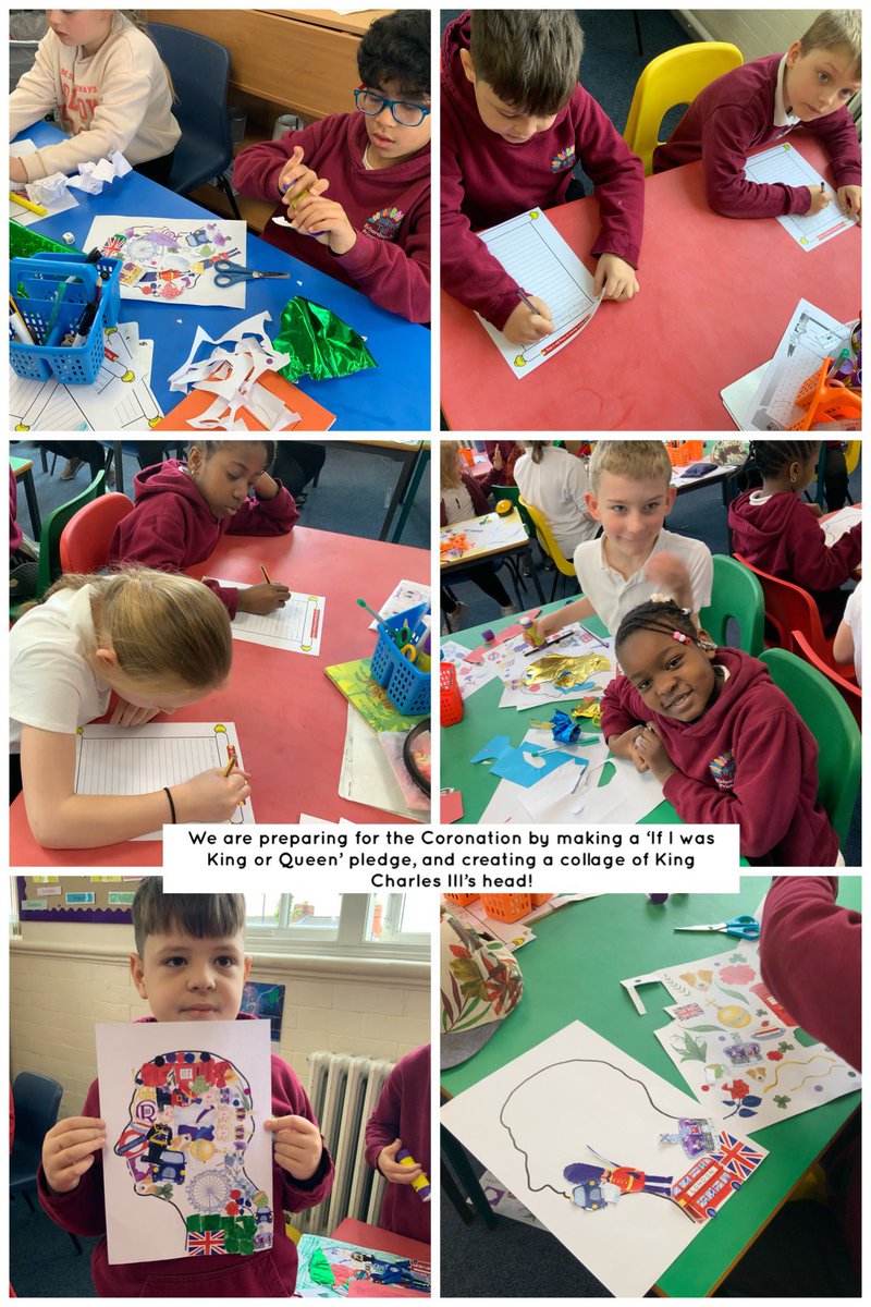 Y3RDPS's tweet photo. What a day! Year 3 are very prepared for King Charles’ coronation tomorrow! We talked about what we would do if we were King or Queen and have some brilliant ideas for our new King. We also designed our own stamp collages and commemorative plates! @BuckinghamofUK @RoyalFamily https://t.co/OGnrjKuX5U