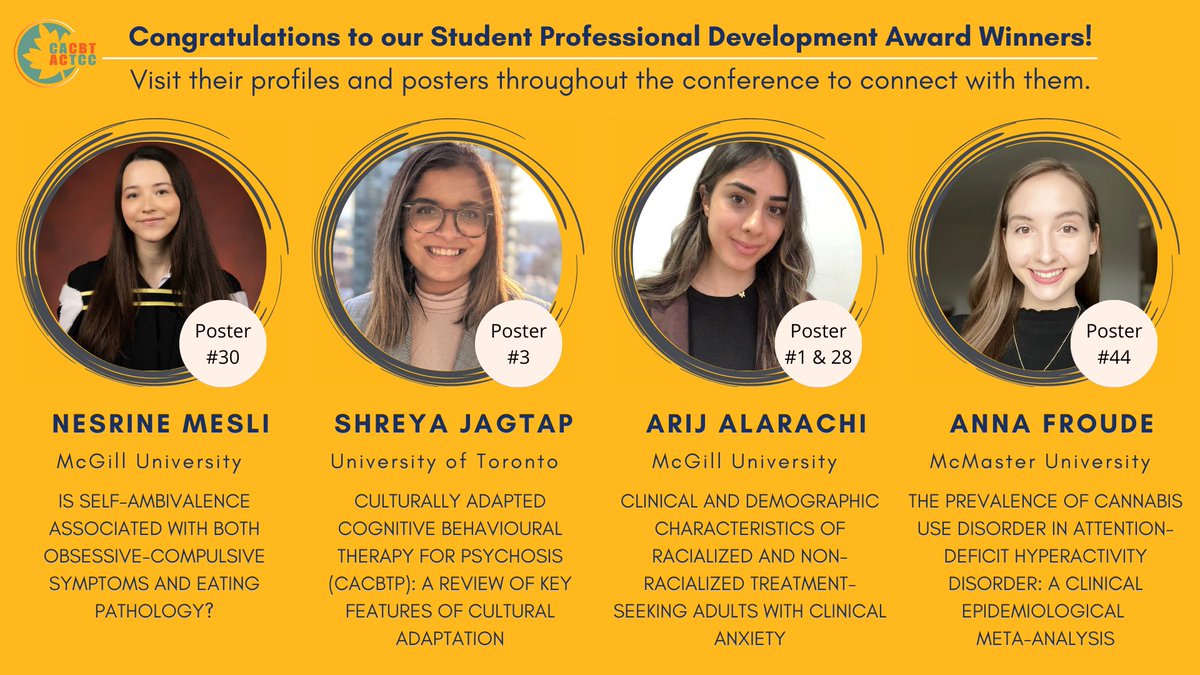 CACBT's tweet photo. Congrats to our 2023 Student Professional Development Award Winners! Each of our spectacular recipients will be presenting their research during the virtual poster fair on Swapcard on Friday May 5 at 1630H (AST) – take a minute to see their latest findings! #CACBT2023 https://t.co/uFMPF4O2iw