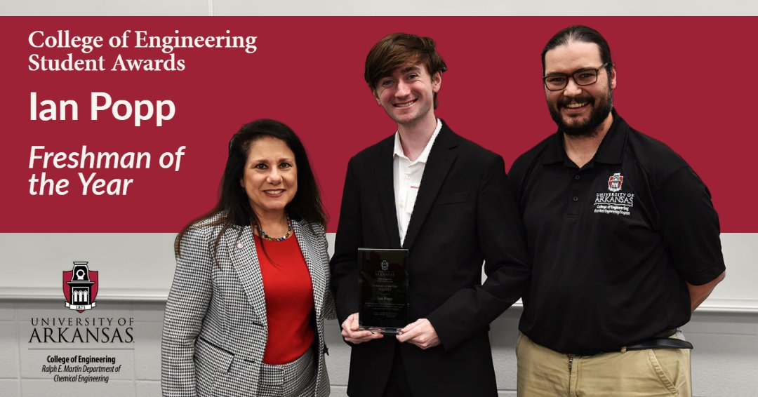 Ralph E. Martin Department of Chemical Engineering (@cheg_uark) on Twitter photo Chemical engineering student Ian Popp was
recently recognized by <a href="/UofA_Engr/">U of A Engineering</a> as Freshman
of the Year! Ian was recognized for his willingness to
help fellow students and dedication to his academic
career. Congratulations, Ian!
#cheguark #uarkengineering Chemical engineering student Ian Popp was
recently recognized by <a href="/UofA_Engr/">U of A Engineering</a> as Freshman
of the Year! Ian was recognized for his willingness to
help fellow students and dedication to his academic
career. Congratulations, Ian!
#cheguark #uarkengineering