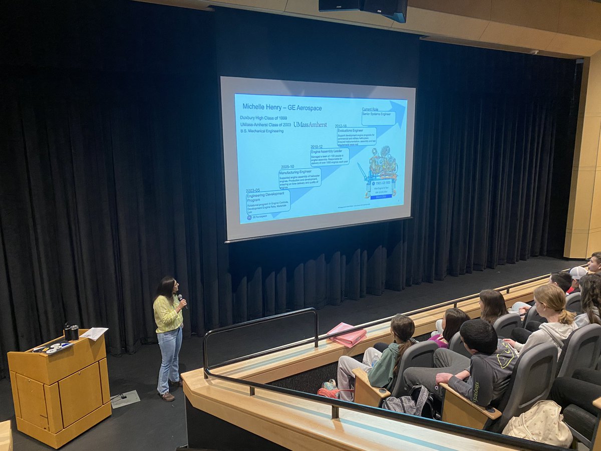 duxstem's tweet image. Thank you Mrs. Henry for talking about your amazing career as a Systems Engineer for Helicopter Engines. Community career connections help students understand what it means to work professionally in a subject we learn about in class. 
@usairforce @generalelectric @Duxbury_MS